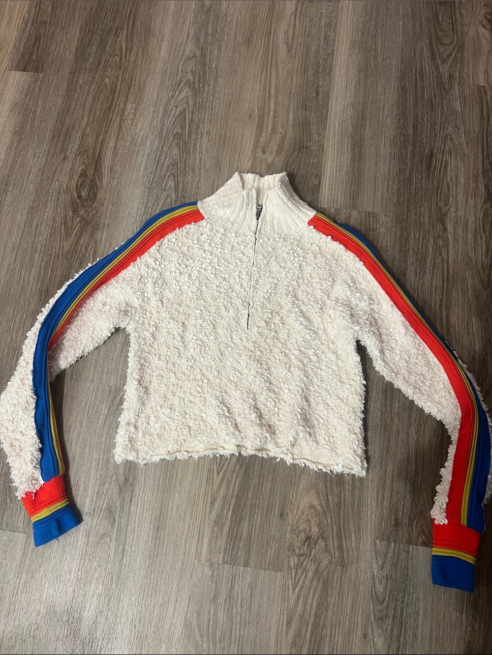 Free People Cozy Cream Sherpa Pullover with Striped sleeves